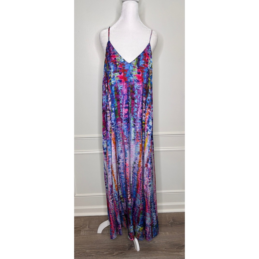 Tahari ASL‎ Multi Color V-Neck Maxi Dress Large Vacation Summer Resort Flowy